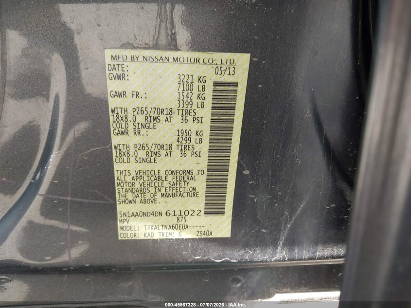 2013 Nissan Armada Sv VIN: 5N1AA0ND4DN611022 Lot: 45567328