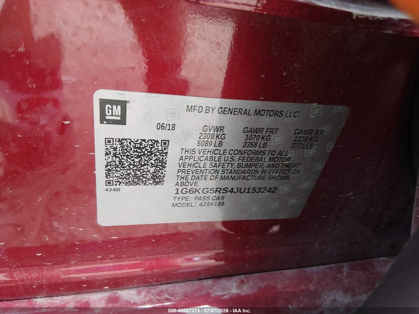 2018 Cadillac Ct6 Premium Luxury VIN: 1G6KG5RS4JU153242 Lot: 45567373