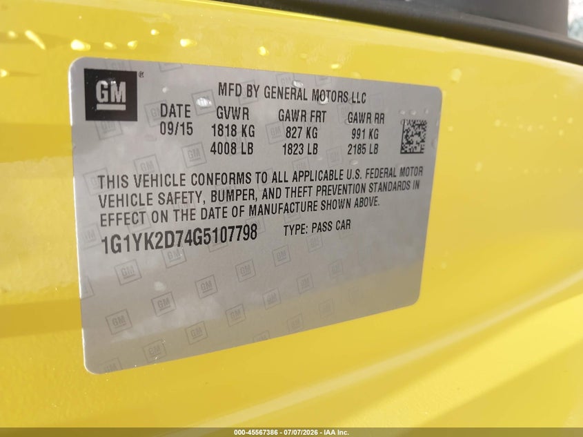 2016 Chevrolet Corvette Stingray Z51 VIN: 1G1YK2D74G5107798 Lot: 45567386