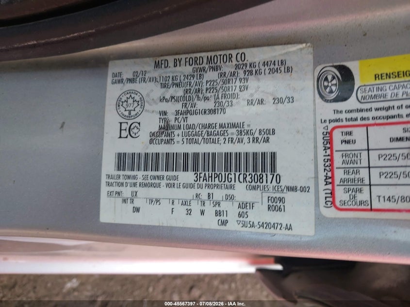 2012 FORD FUSION SEDAN 3.0L V-6 DOHC, VVT, 240HP