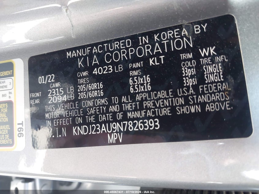 2022 Kia Soul Lx VIN: KNDJ23AU9N7826393 Lot: 45567431