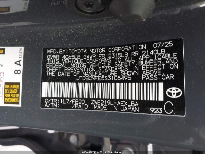 2025 TOYOTA COROLLA SEDAN 1.8L I-4 DOHC, VVT, 96HP