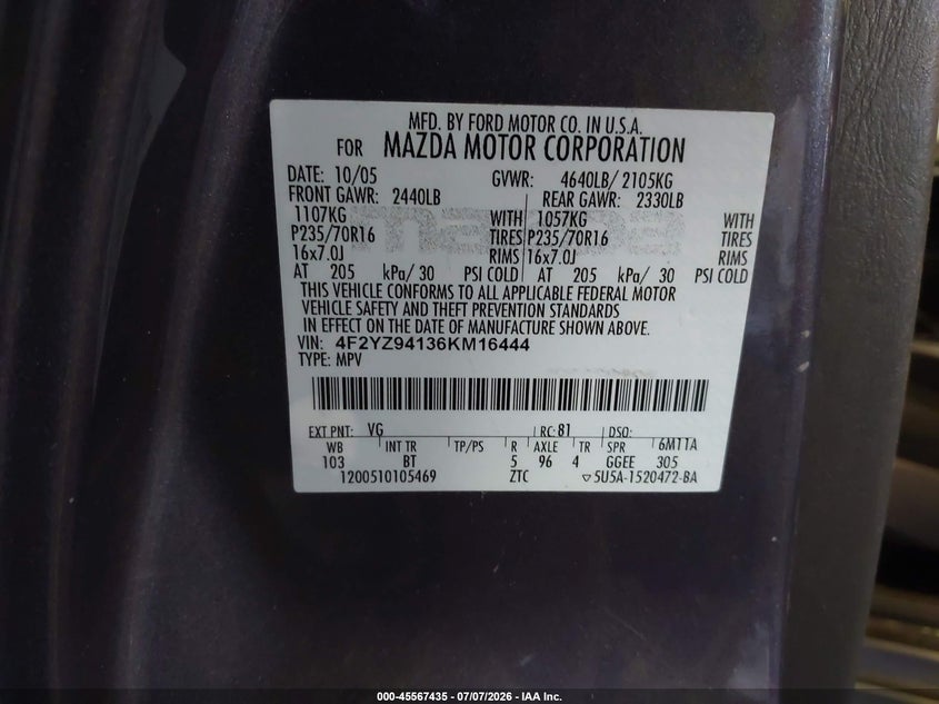 2006 Mazda Tribute S VIN: 4F2YZ94136KM16444 Lot: 45567435