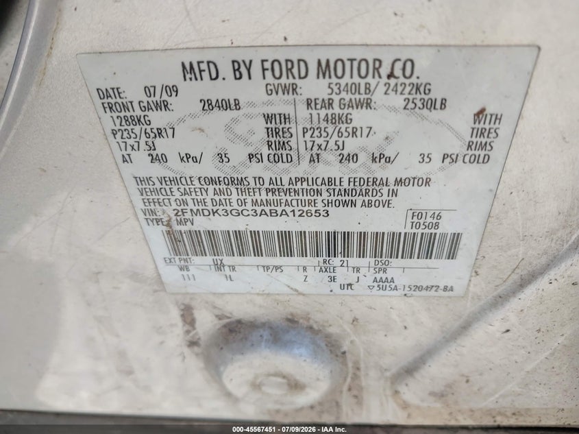 FORD EDGE 2010 VIN 2FMDK3GC3ABA12653