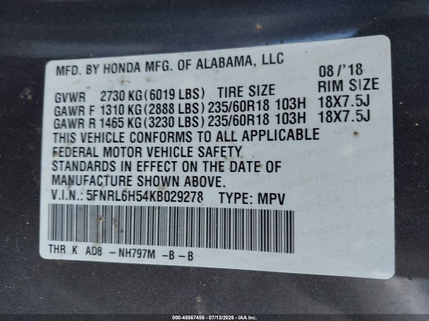 HONDA ODYSSEY 2019 VIN 5FNRL6H54KB029278