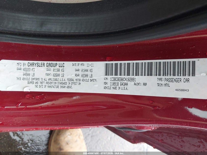 2012 Chrysler 200 Touring VIN: 1C3BCBEB0CN162891 Lot: 45567458