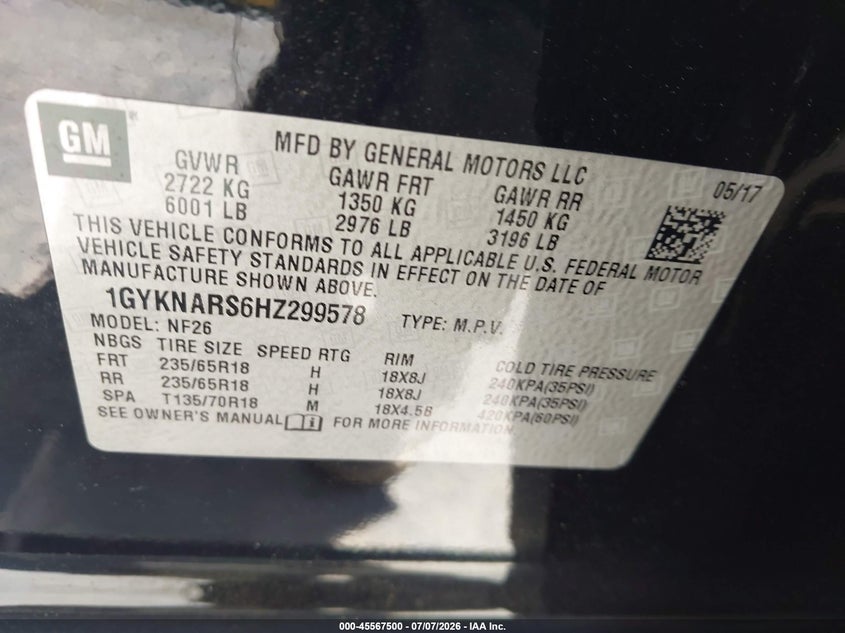 2017 Cadillac Xt5 Standard VIN: 1GYKNARS6HZ299578 Lot: 45567500