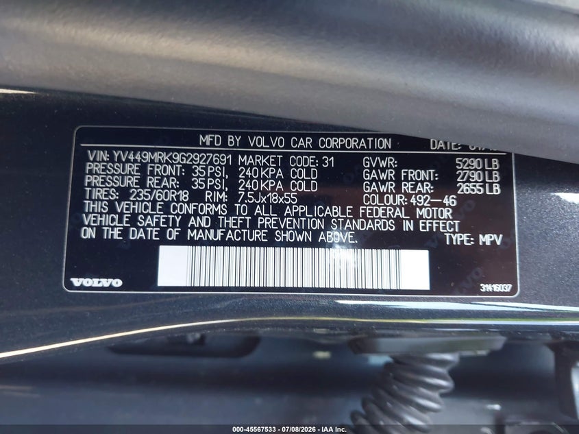 2016 Volvo Xc60 T6 Drive-E VIN: YV449MRK9G2927691 Lot: 45567533