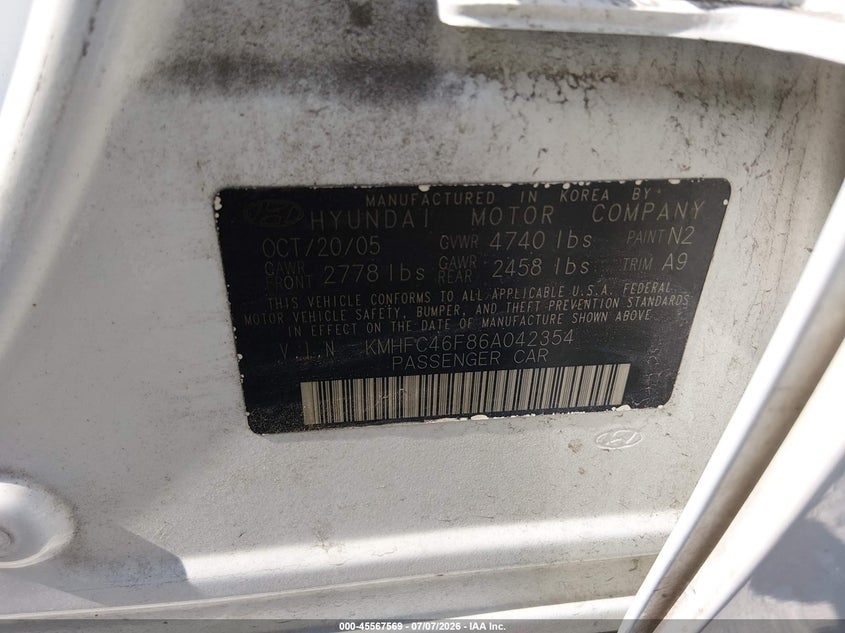 2006 Hyundai Azera Limited/Se VIN: KMHFC46F86A042354 Lot: 45567569