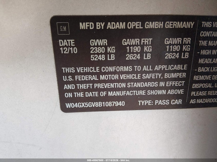 2011 Buick Regal Cxl Turbo Russelsheim VIN: W04GX5GV8B1087940 Lot: 45567600
