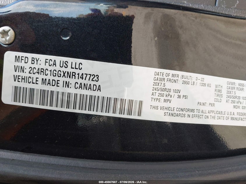 2022 Chrysler Pacifica Limited VIN: 2C4RC1GGXNR147723 Lot: 45567687
