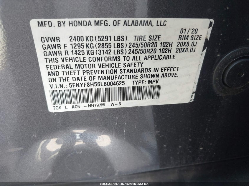 2020 Honda Passport Awd Ex-L VIN: 5FNYF8H56LB004625 Lot: 45567697