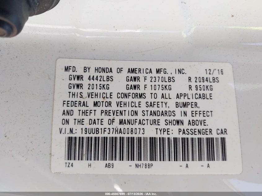 2017 Acura Tlx VIN: 19UUB1F37HA008073 Lot: 45567699