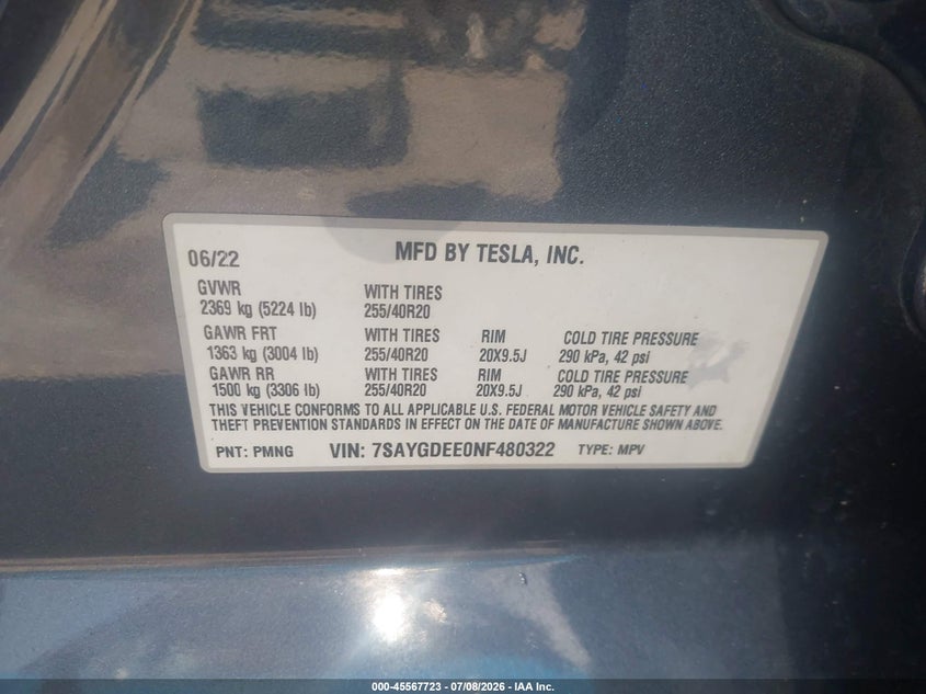 TESLA MODEL Y 2022 VIN 7SAYGDEE0NF480322