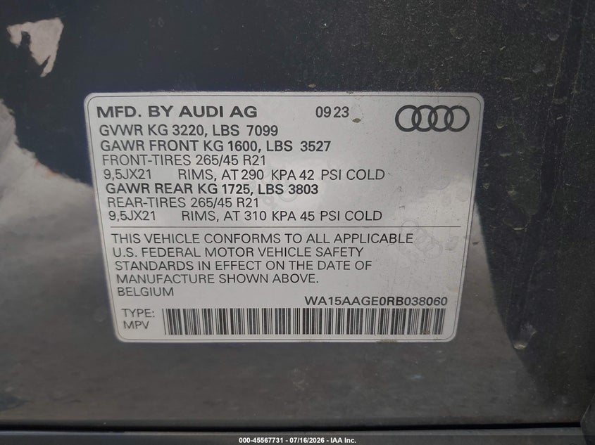 2024 Audi Q8 E-Tron Premium Plus Quattro VIN: WA15AAGE0RB038060 Lot: 45567731