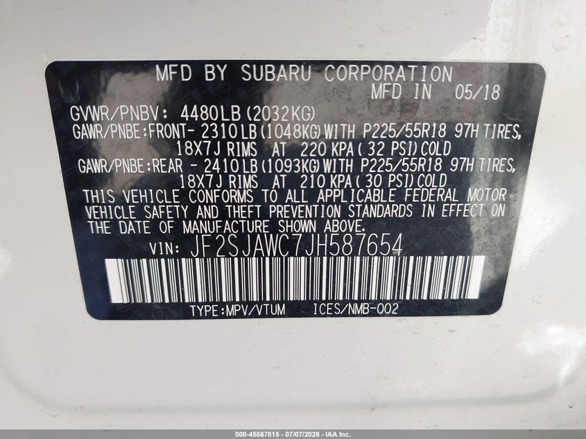 2018 SUBARU FORESTER SPORT UTILITY VEHICLE 2.5L H-4 DOHC, VVT, 170HP