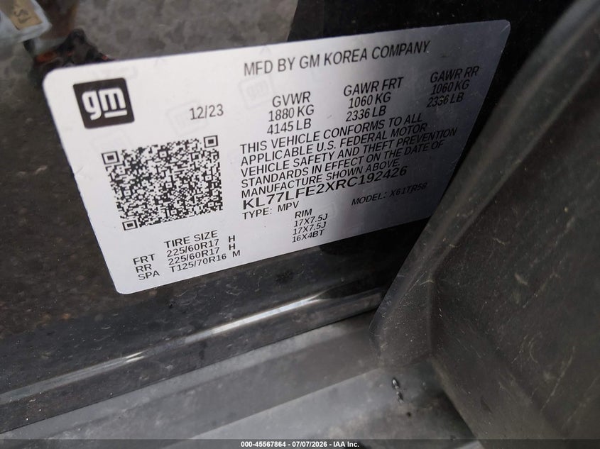 2024 Chevrolet Trax Fwd Sp VIN: KL77LFE2XRC192426 Lot: 45567864