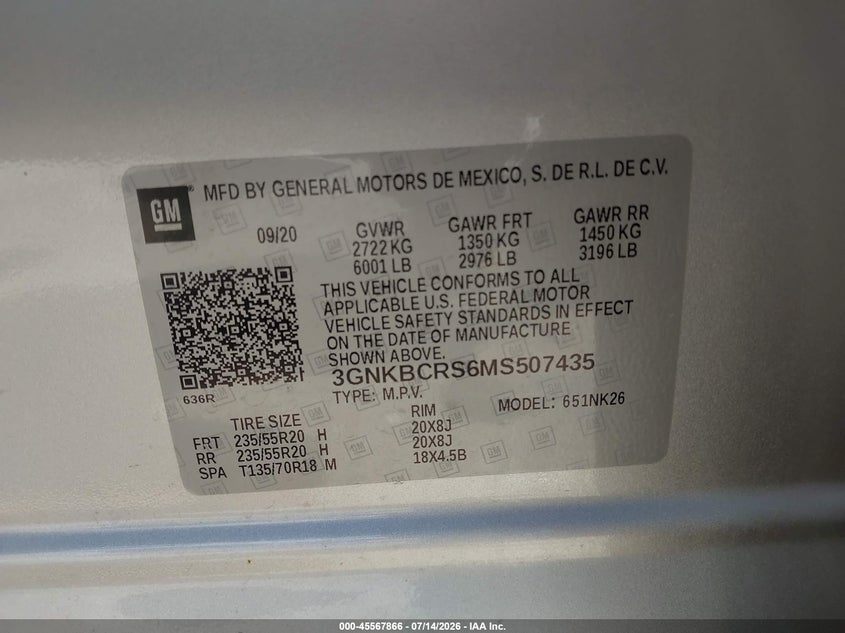 CHEVROLET BLAZER 2021 VIN 3GNKBCRS6MS507435