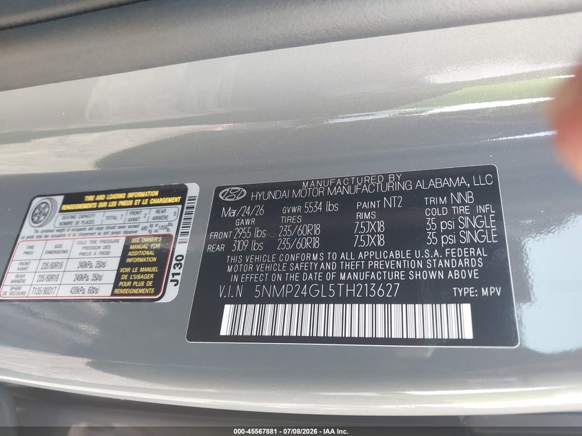 2026 Hyundai Santa Fe Sel VIN: 5NMP24GL5TH213627 Lot: 45567881
