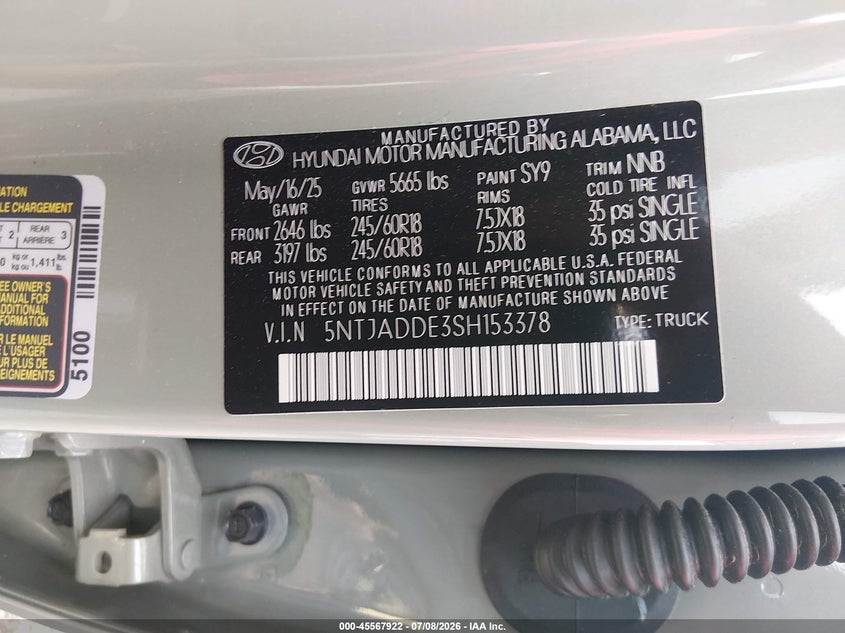 2025 Hyundai Santa Cruz Se VIN: 5NTJADDE3SH153378 Lot: 45567922