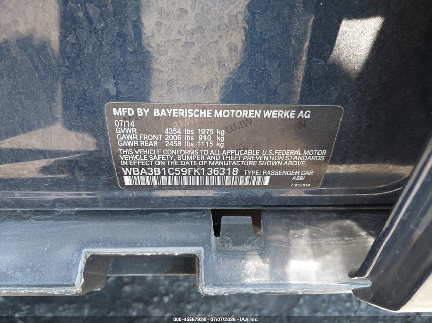 2015 BMW 320I VIN: WBA3B1C59FK136318 Lot: 45567924