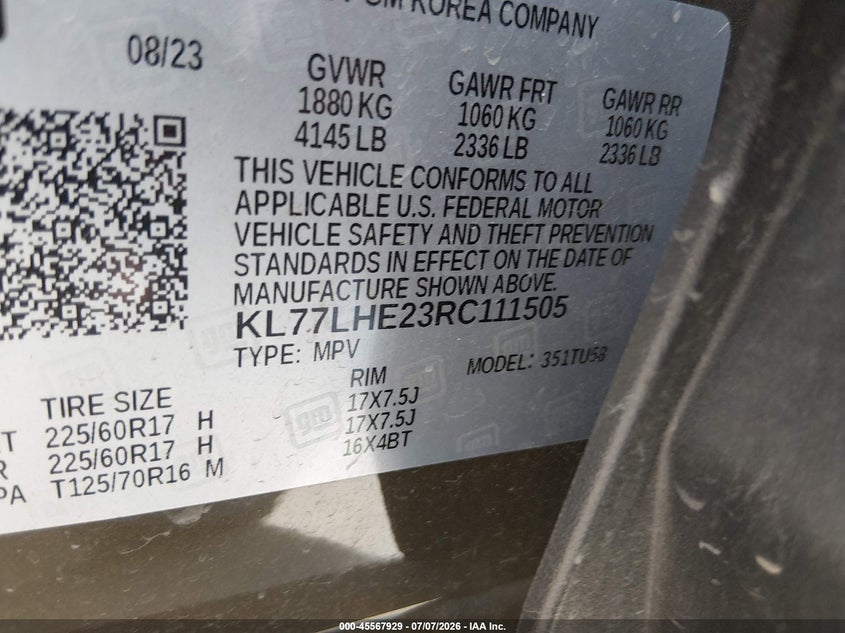 2024 Chevrolet Trax Fwd Lt VIN: KL77LHE23RC111505 Lot: 45567929