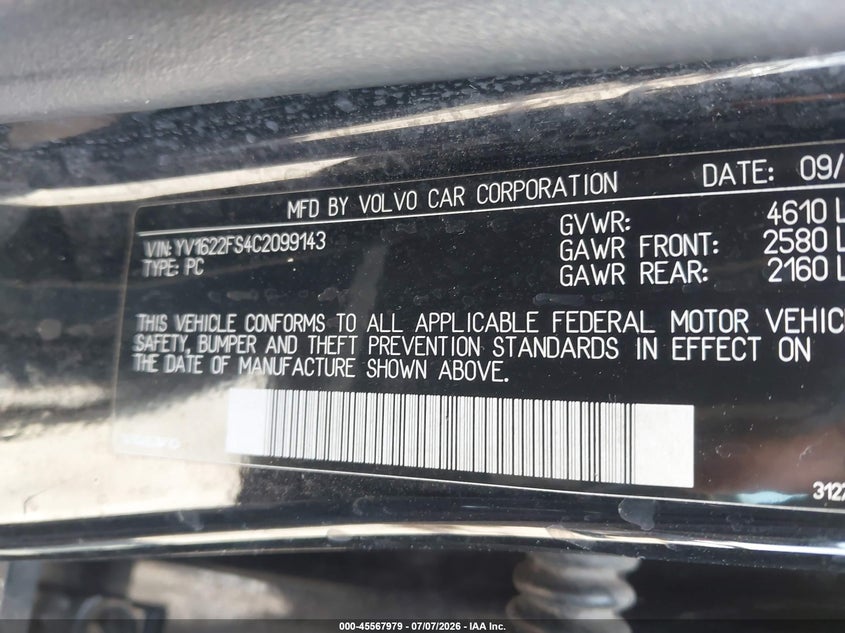 2012 Volvo S60 T5/T5 W/Moonroof VIN: YV1622FS4C2099143 Lot: 45567979