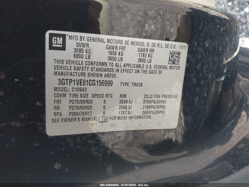 2012 GMC Sierra 1500 Sle VIN: 3GTP1VE01CG156999 Lot: 45568000