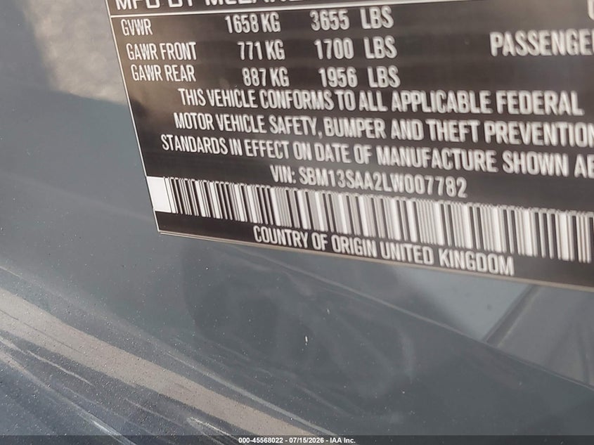 2020 Mclaren 600Lt VIN: SBM13SAA2LW007782 Lot: 45568022