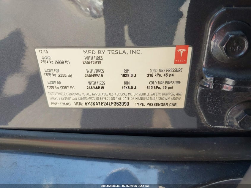 2020 Tesla Model S Long Range Dual Motor All-Wheel Drive/Long Range Plus Dual Motor All-Wheel Drive VIN: 5YJSA1E24LF363090 Lot: 45568044