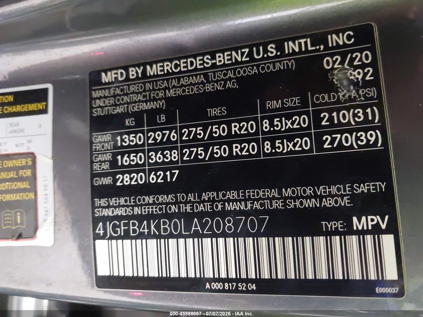 2020 Mercedes-Benz Gle 350 4Matic VIN: 4JGFB4KB0LA208707 Lot: 45568087