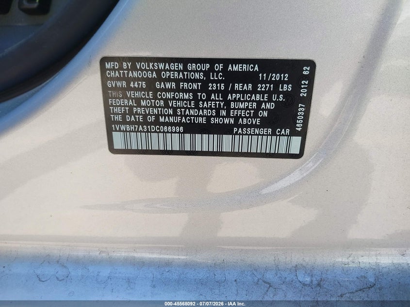 2013 Volkswagen Passat 2.5L Se VIN: 1VWBH7A31DC066996 Lot: 45568092