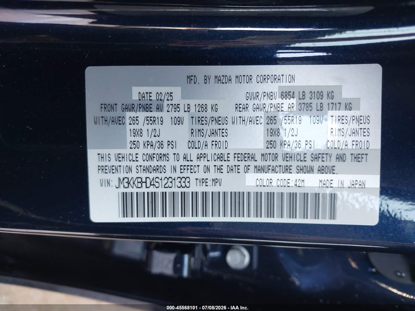 2025 Mazda Cx-90 3.3 Turbo Preferred Package VIN: JM3KKBHD4S1231333 Lot: 45568101