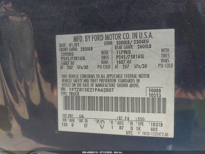 2001 Ford Ranger Edge/Xlt VIN: 1FTZR15E21PA62807 Lot: 45568115
