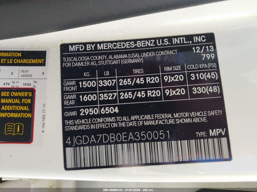 2014 Mercedes-Benz Ml 550 4Matic VIN: 4JGDA7DB0EA350051 Lot: 45568124