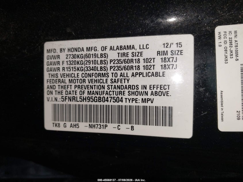 HONDA ODYSSEY 2016 VIN 5FNRL5H95GB047504