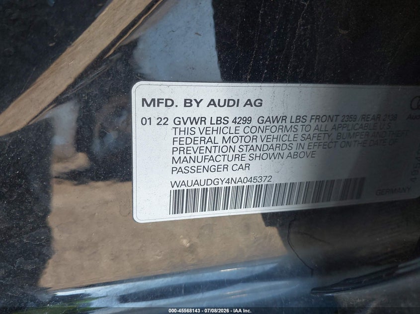 2022 Audi A3 Premium 40 Tfsi Front-Wheel Drive S Tronic VIN: WAUAUDGY4NA045372 Lot: 45568143