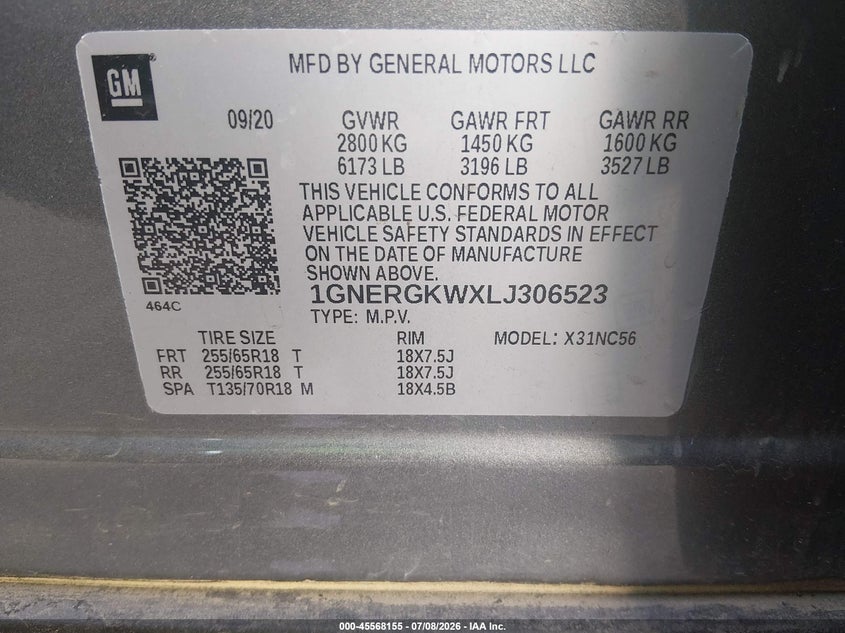 CHEVROLET TRAVERSE 2020 VIN 1GNERGKWXLJ306523
