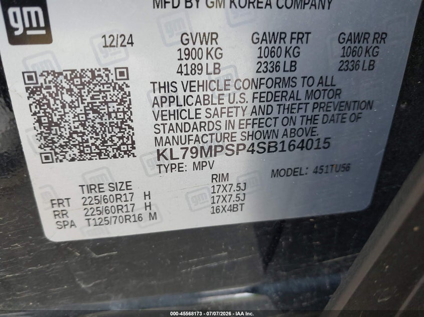 2025 Chevrolet Trailblazer Fwd Lt VIN: KL79MPSP4SB164015 Lot: 45568173