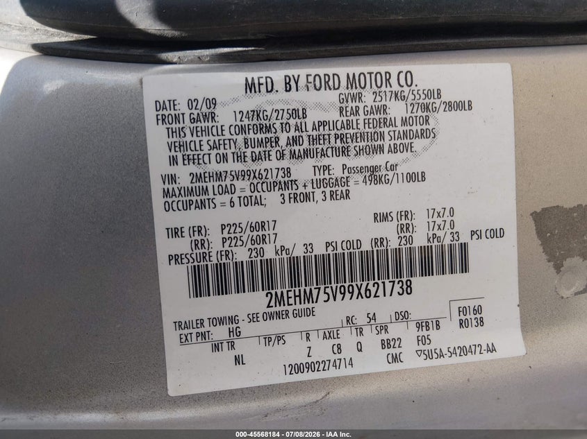 2009 Mercury Grand Marquis Ls (Fleet Only) VIN: 2MEHM75V99X621738 Lot: 45568184