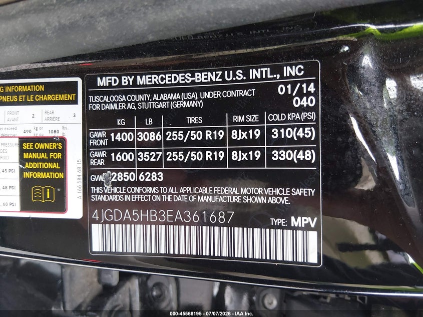 2014 Mercedes-Benz Ml 350 4Matic VIN: 4JGDA5HB3EA361687 Lot: 45568195