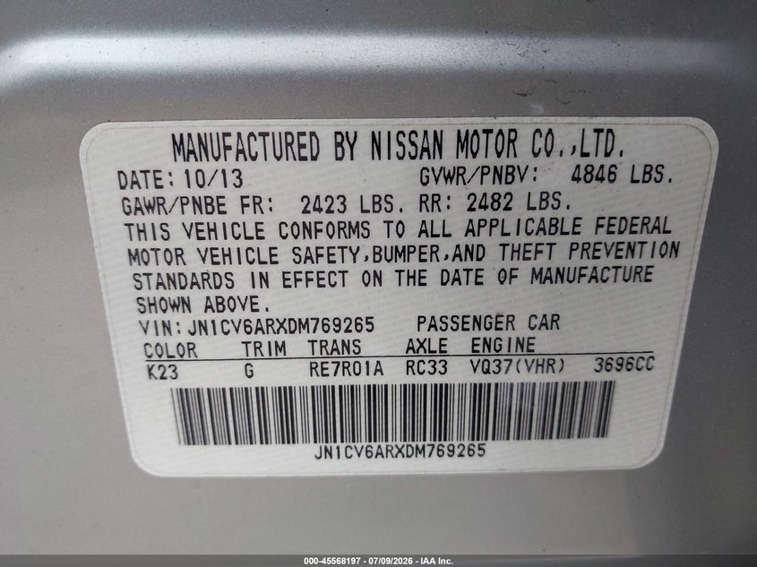 2013 Infiniti G37X VIN: JN1CV6ARXDM769265 Lot: 45568197