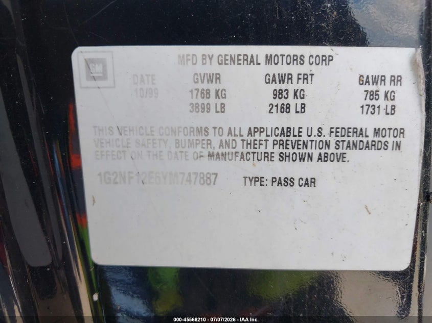 2000 Pontiac Grand Am Se1 VIN: 1G2NF12E6YM747887 Lot: 45568210