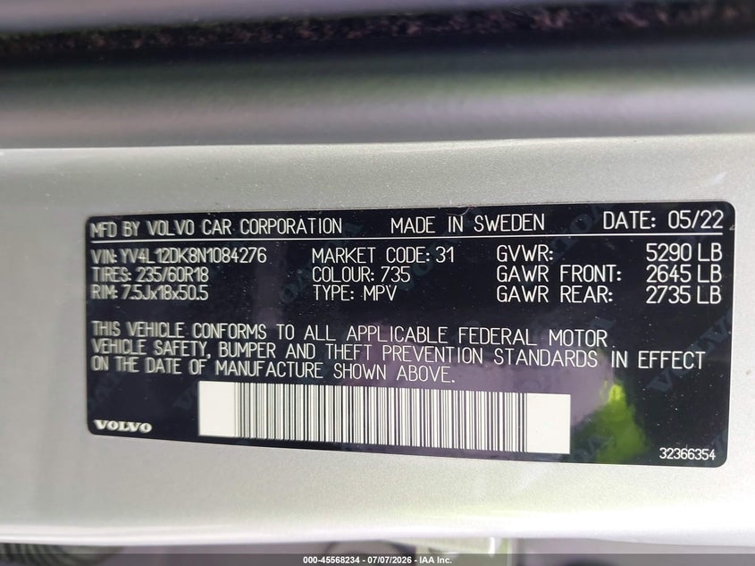 2022 Volvo Xc60 B5 Momentum VIN: YV4L12DK8N1084276 Lot: 45568234
