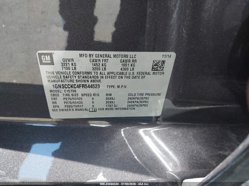 2015 Chevrolet Tahoe Ltz VIN: 1GNSCCKC4FR544523 Lot: 45568240