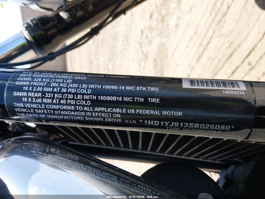 2025 Harley-Davidson Fxbb VIN: 1HD1YJ913SB026080 Lot: 45568255