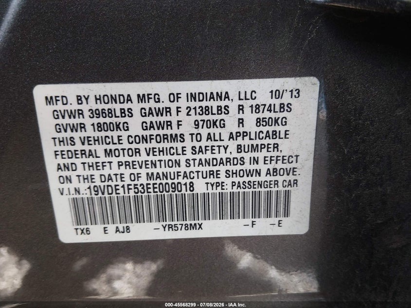 2014 Acura Ilx 2.0L VIN: 19VDE1F53EE009018 Lot: 45568299