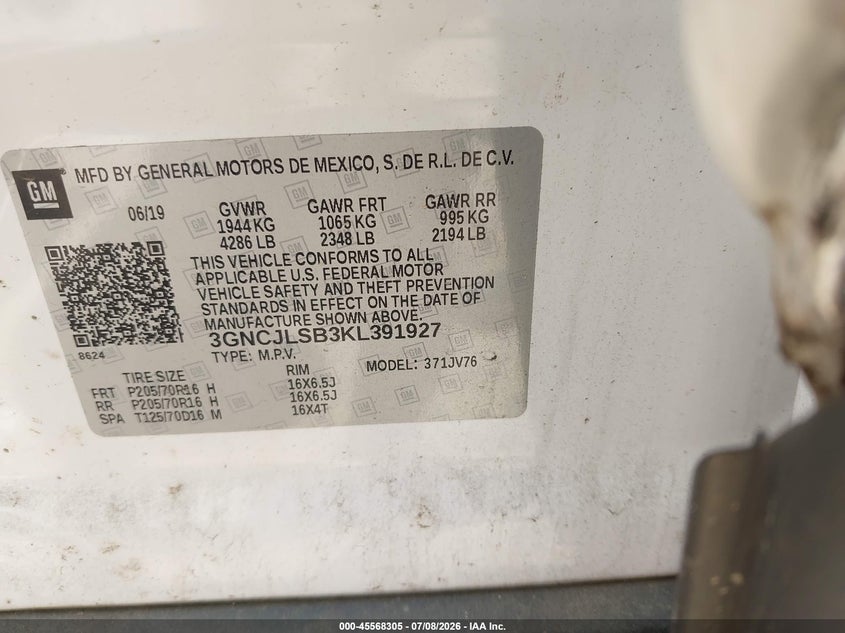 CHEVROLET TRAX 2019 VIN 3GNCJLSB3KL391927
