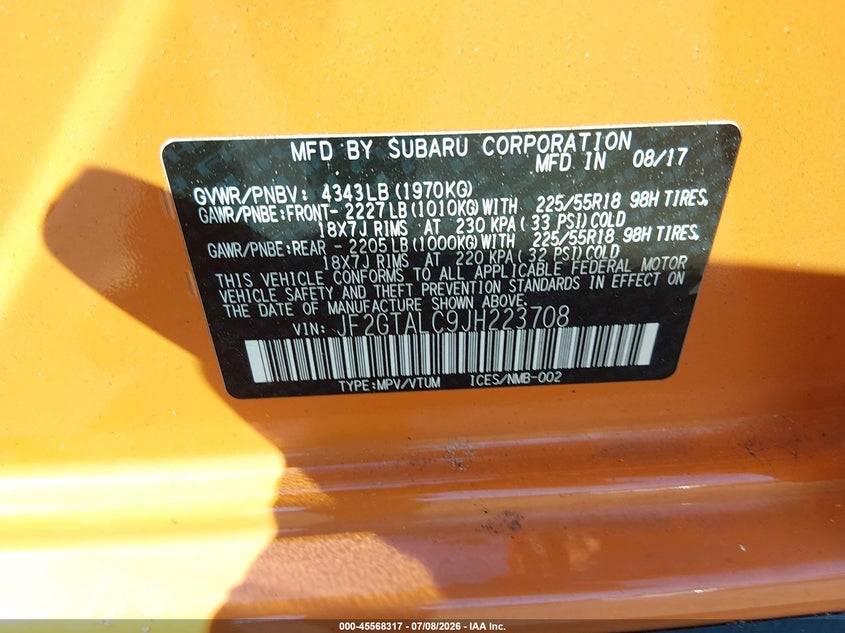 SUBARU CROSSTREK 2018 VIN JF2GTALC9JH223708