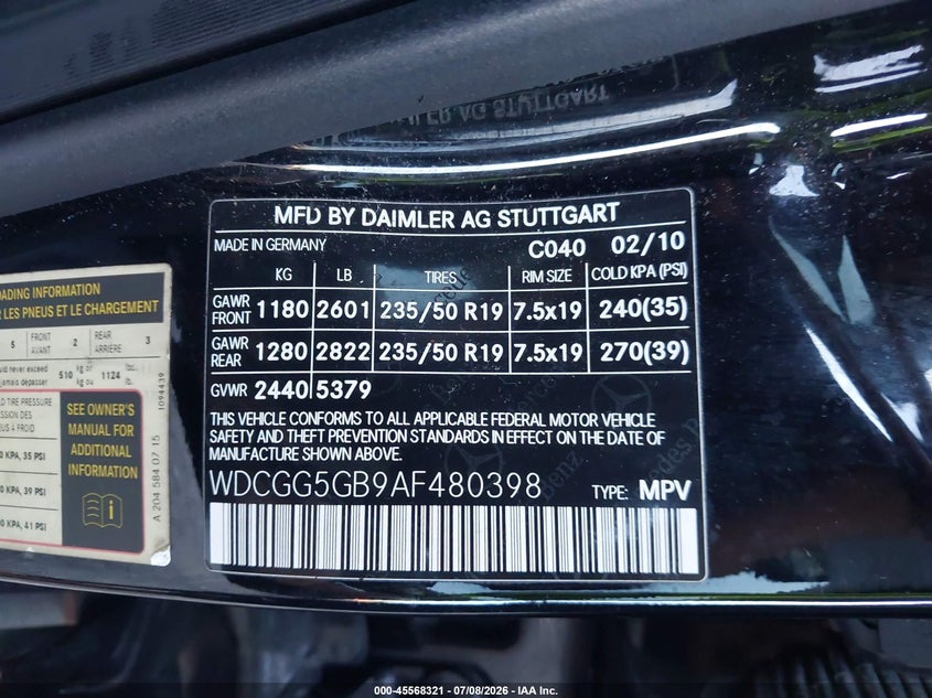 2010 Mercedes-Benz Glk 350 VIN: WDCGG5GB9AF480398 Lot: 45568321